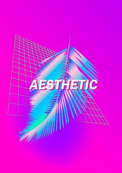 Vaporwave, Illustration de style Synthwave avec feuilles de palmier sur fond rose avec grille — Image vectorielle