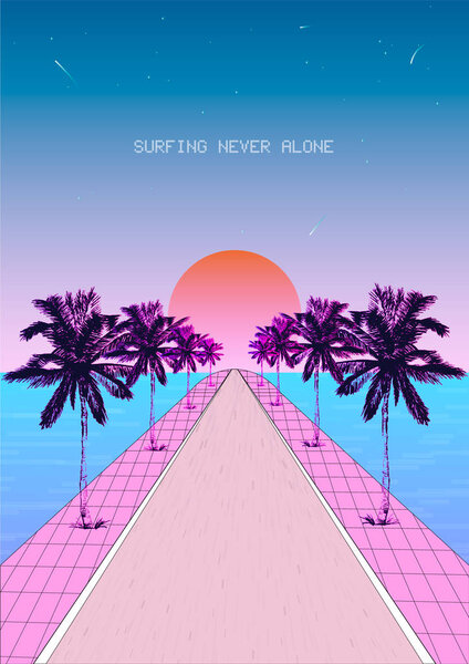Nostalgic seaside pastel modern. Vintage style background. View with road and palm trees. Vaporwave, Synthwave style illustration