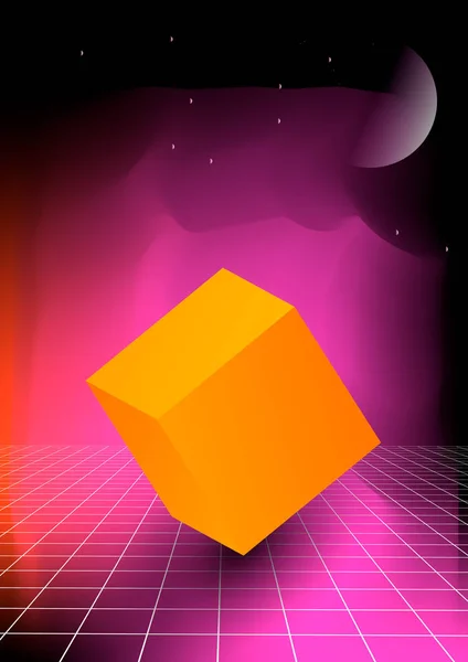 Cartel con líquido holográfico de neón 3d cubo en retroonda, estilo nostálgico vaporwave . — Vector de stock