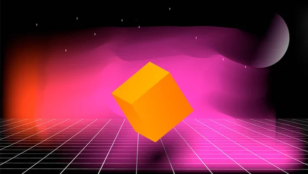 Cartel con líquido holográfico de neón 3d cubo en retroonda, estilo nostálgico vaporwave . — Vector de stock