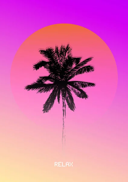 Palmeras de coco silueta sobre un fondo degradado puesta de sol. Vaporwave. Estética. . Ilustración de stock