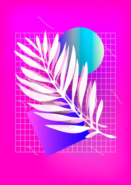 Hoja de palma con formas abstractas sobre fondo rosa. Ilustración de estilo vaporwave, estética . Vector de stock