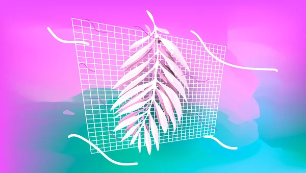 Hoja de palma con formas abstractas sobre fondo rosa. Ilustración de estilo vaporwave, estética . Vectores de stock libres de derechos