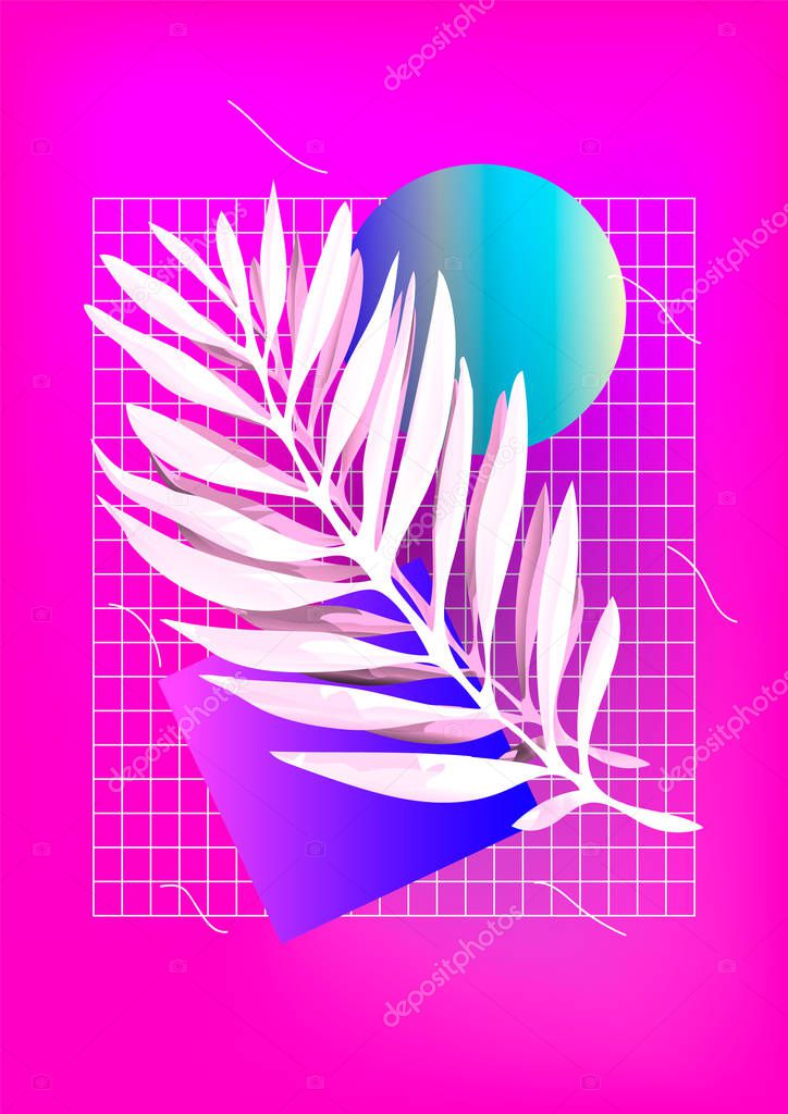 Palm leaf with abstract shapes on the pink background. Vaporwave style illustration, aesthetic.