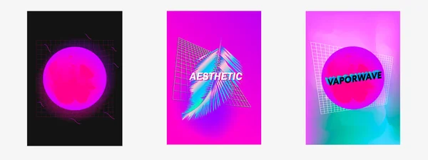 Posterset Vaporwave, Seapunk, Synthpop-Stil, Neon-Ästhetik der 80er Jahre. Tropischer Sommer. — Stockvektor