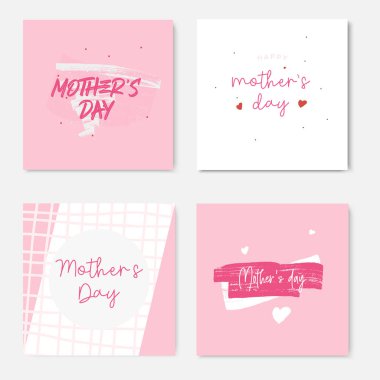 Mutlu Anneler Günü tebrik kartları şablonu kümesi. Elle çizilmiş öğeler ve harfler. Arka plan, afiş, etiket, e-posta, web sitesi için uygun koleksiyon. Vektör çizimi