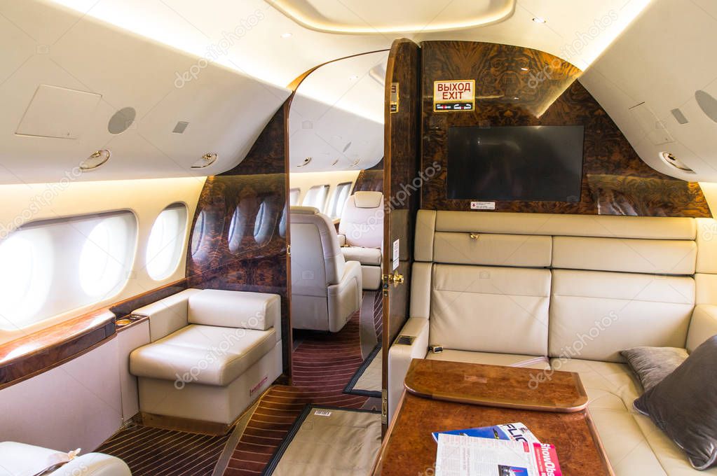 Luxury interior of genuine leather in the modern business jet