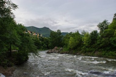 Hızlı nehir Rudnaya kayalık kıyılarda akar. Rusya. Primorsky Krai