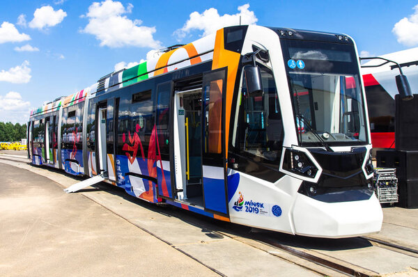 Фаниполь, Минский завод "Штадлер" Беларусь - 8 июня 2018 года: Трамвай Штадл
