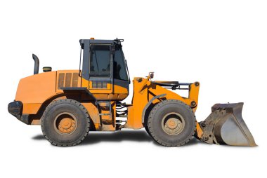 Beyaz arka planda buldozer yol kazıcısı kazıcısı