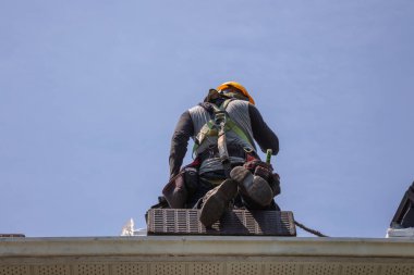 Çatıya asfalt kiremitler takan sert şapkalı profesyonel bir çatı ustası. Mavi gökyüzü altında çalışan yetenekli müteahhit ev geliştirme, çatı ve inşaat endüstrisi için ideal..
