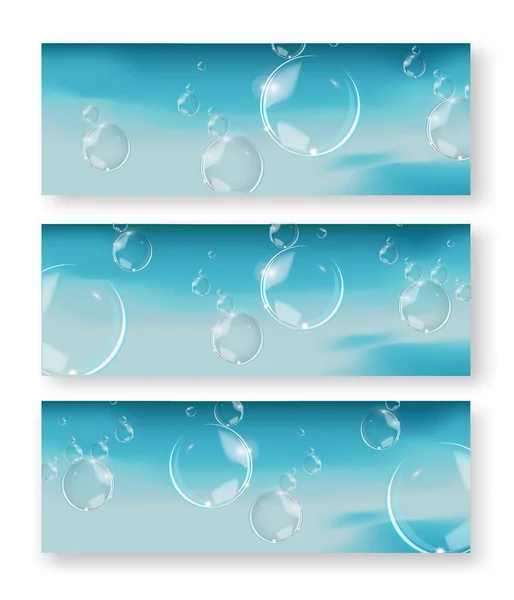 Bubbles in water on blue background horizontal vector. Circle and liquid, light design, clear soapy shiny. — Stock Vector
