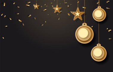vektör çizimi Noel Noel top yıldız kar tanesi konfeti altın ve siyah arka plan renkleri dantel için metin 2019