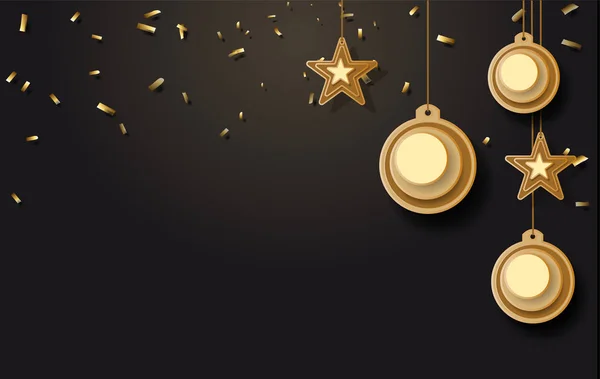 Ilustração vetorial de fundo de natal com bola de natal estrela floco de neve confete ouro e preto cores rendas para o texto 2019 — Vetor de Stock