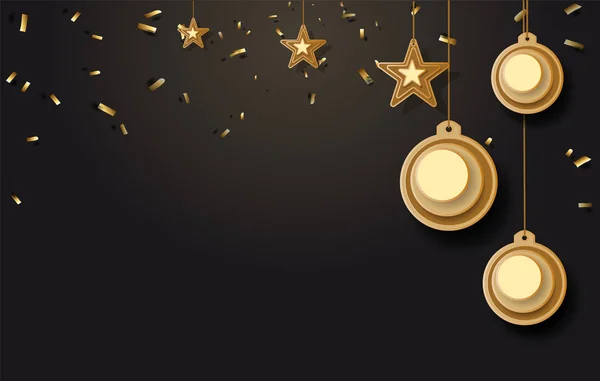 Ilustração vetorial de fundo de natal com bola de natal estrela floco de neve confete ouro e preto cores rendas para o texto 2019 — Vetor de Stock