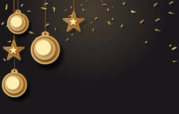 Wektor ilustracja tło Boże Narodzenie Boże Narodzenie ball star snowflake konfetti złotem i czarne kolory koronki dla tekstu 2019 — Wektor stockowy