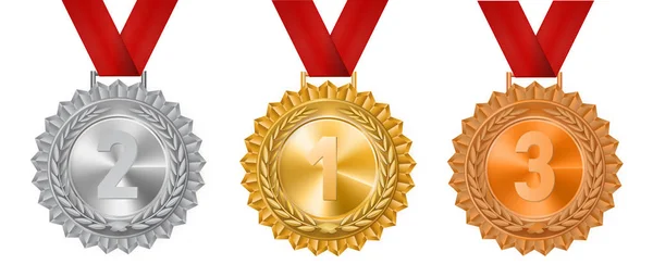Conjunto de medallas de oro, plata y bronce sobre fondo blanco.Ilustración vectorial . — Vector de stock