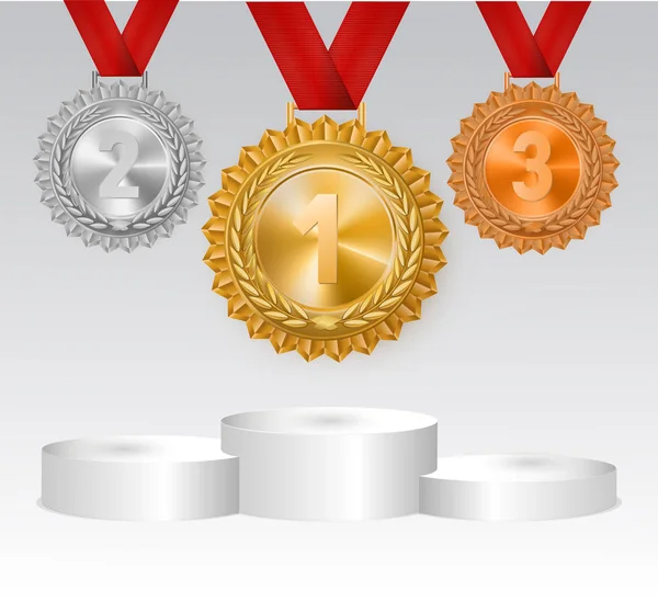 Winner background with golden, silver and bronze laurel wreaths with ribbons and first, second and third place signs on round pedestal. — Stock Vector