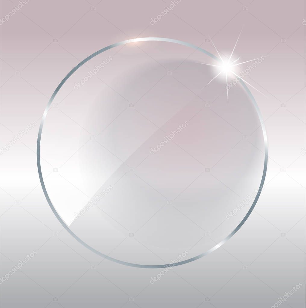 Transparent round circle. See through element on checkered background. Plastic banner with reflection and shadow. Glass plate mock up.