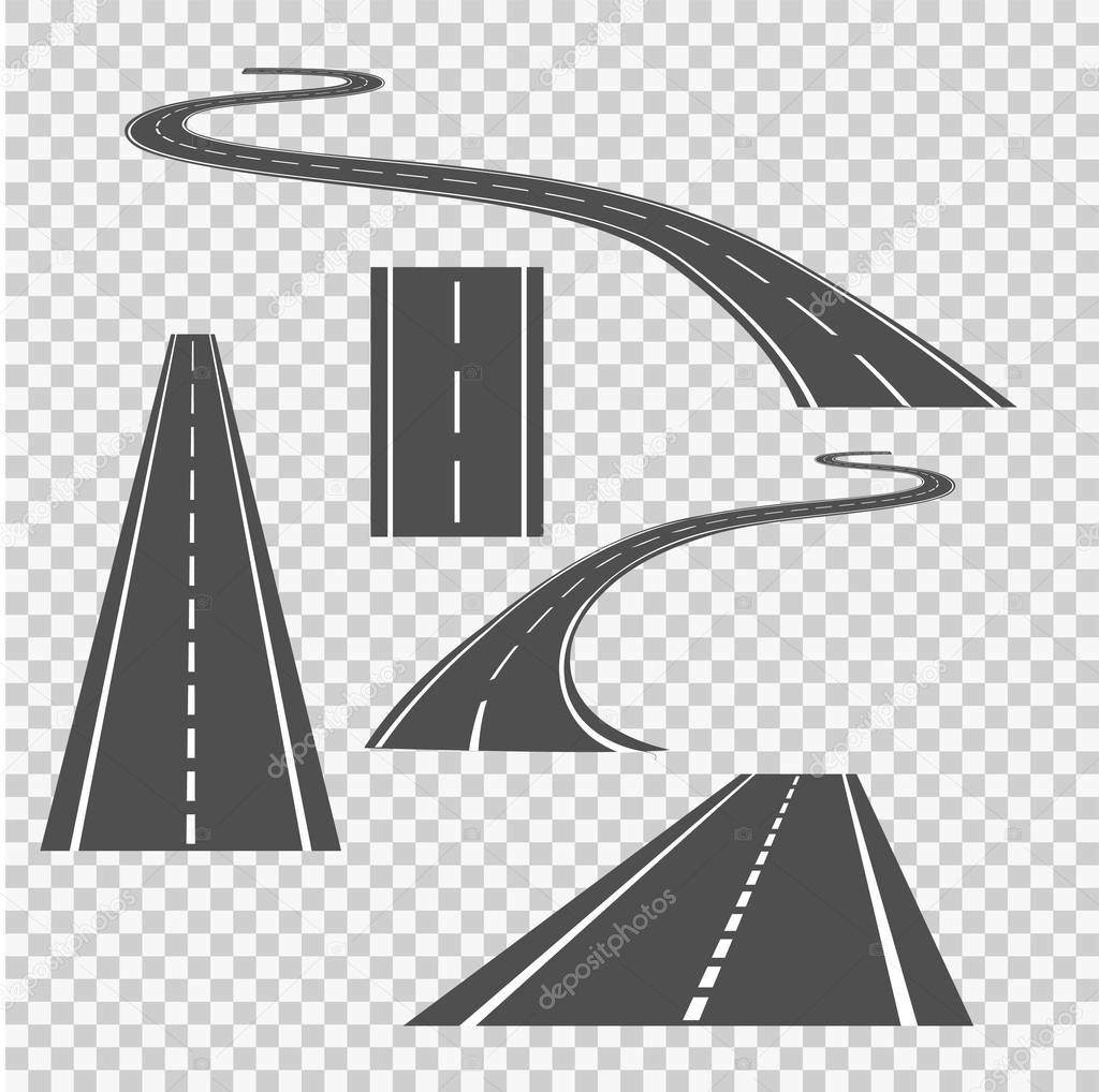Winding curved road direction or highway with markings.