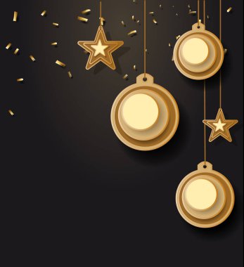 vektör çizimi Noel Noel top yıldız kar tanesi konfeti altın ve siyah arka plan renkleri dantel için metin 2019