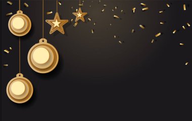 vektör çizimi Noel Noel top yıldız kar tanesi konfeti altın ve siyah arka plan renkleri dantel için metin 2019