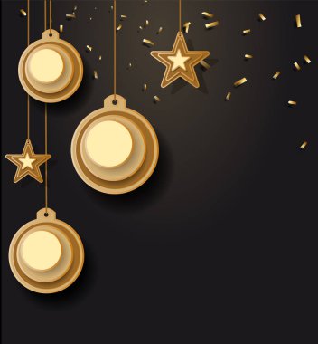 vektör çizimi Noel Noel top yıldız kar tanesi konfeti altın ve siyah arka plan renkleri dantel için metin 2019