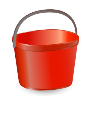 Vektör çizim gerçekçi kırmızı plastik kova ile siyah bir tanıtıcı ve bir yazıt. İzole beyaz arka plan. Gıda, su ve içecek yıkamak için bir bucketful.