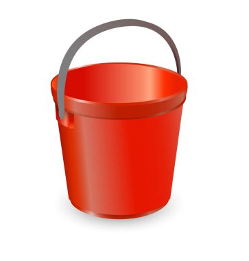Vektör çizim gerçekçi kırmızı plastik kova ile siyah bir tanıtıcı ve bir yazıt. İzole beyaz arka plan. Gıda, su ve içecek yıkamak için bir bucketful.