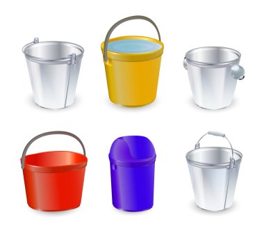 Kova vektör bucketful ve bitbucket plastik kova boş veya üzerinde şeffaf arka plan Bahçe ve garbagepail veya pailful için Bahçe set illüstrasyon bucketing su ile izole