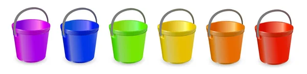 Colored Buckets in Rainbow Isolated on White Background. — Stock Vector