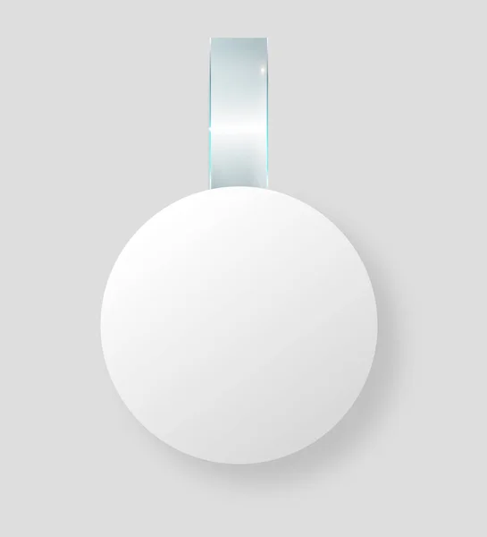 Boş beyaz wobbler asmak duvar, sahte 3d render. Alan yuvarlak kağıt mockup Plastik şeffaf şerit üzerinde. Net fiyat etiket daire şekli. Fiyat etiketi etiket şablon izole.