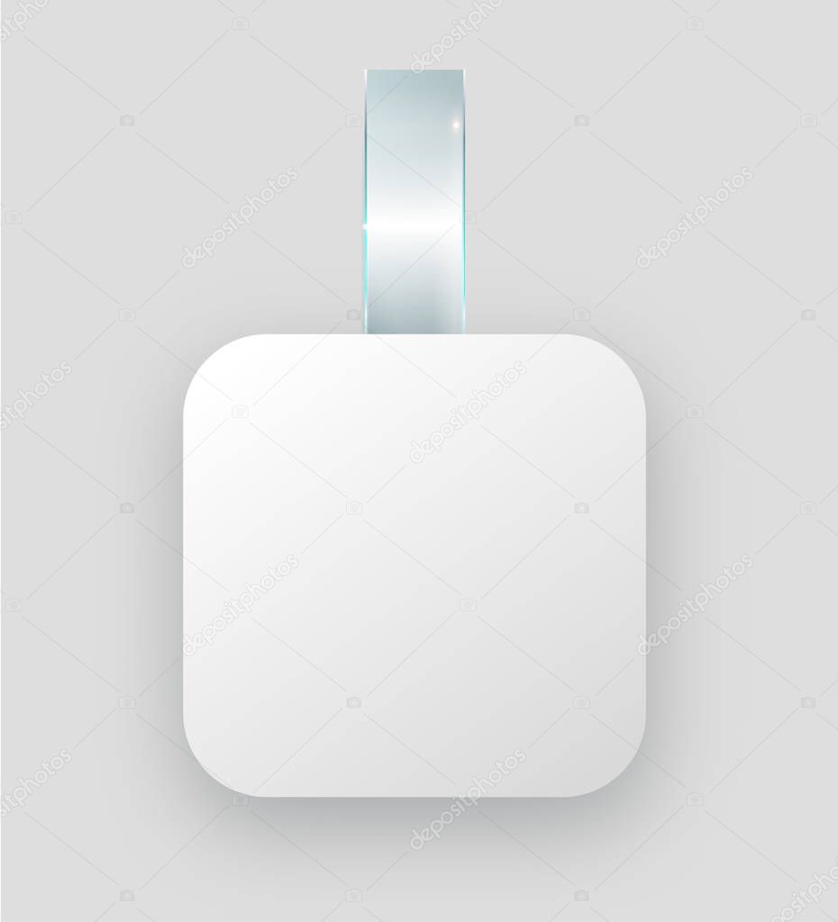 Blank white wobbler hang on wall mock up, 3d rendering. Space round paper mockup on plastic transparent strip. Clear price sticker square shape.