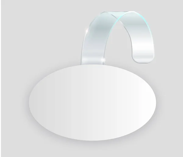 Bianco wobbler bianco appeso al muro finto, rendering 3d. Modello di carta rotonda spazio su striscia di plastica trasparente. Chiaro prezzo adesivo forma ovale. Modello di etichetta etichetta prezzo isolato . — Vettoriale Stock