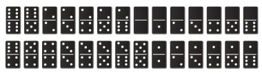 Domino veya domino beyaz vektör izole örnekler ile siyah noktalar sayı için şeffaf bir arka plan üzerinde oyun döşer. Oyun grafik öğesi için 28 adet kavramı soyut