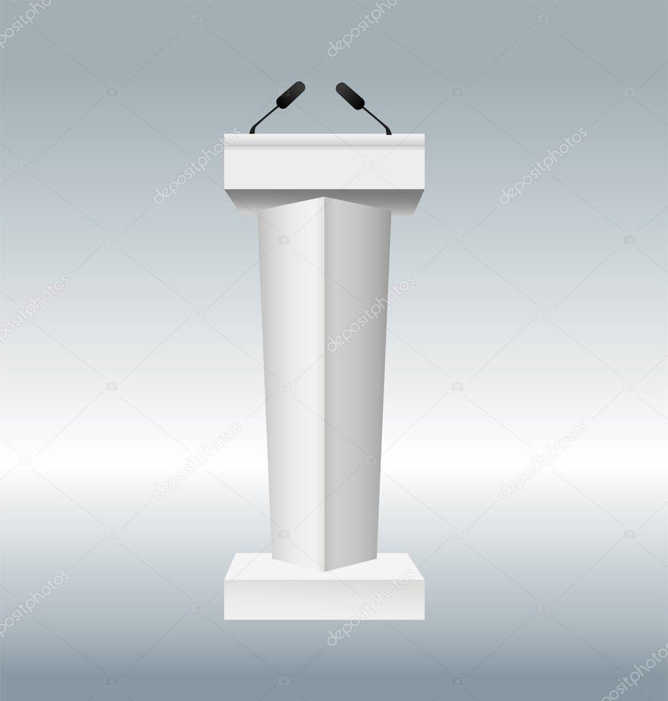 vector illustration of podium tribune with microphones isolated on transparent background. Art design rostrum stands. Abstract concept graphic element for business presentation, conference.