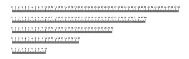 Cetvel 10, 20, 30, 40, 50 cm. ölçme aracı. Cetvel mezuniyet. Cetvel kılavuz cm. boyutu gösterge birim. Metrik santimetre boyutu göstergeleri.