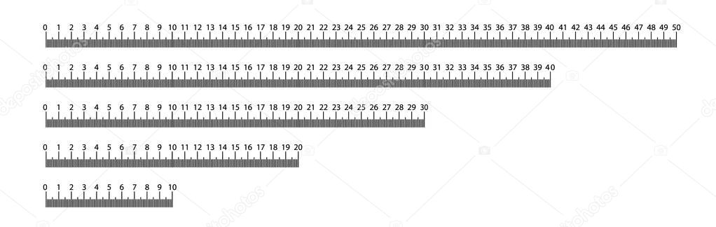 Ruler 10, 20, 30, 40, 50 cm. Measuring tool. Ruler Graduation. Ruler grid cm. Size indicator units. Metric Centimeter size indicators.