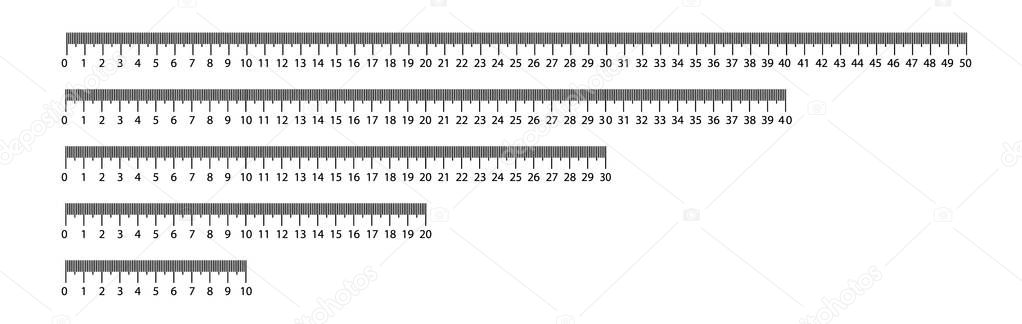 Ruler 10, 20, 30, 40, 50 cm. Measuring tool. Ruler Graduation. Ruler grid cm. Size indicator units. Metric Centimeter size indicators.