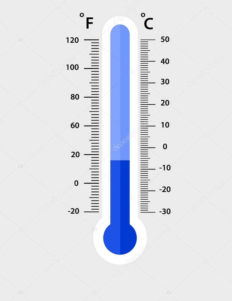 Celsius and fahrenheit meteorology thermometers measuring. cold, vector illustration. Thermometer equipment showing cold weather