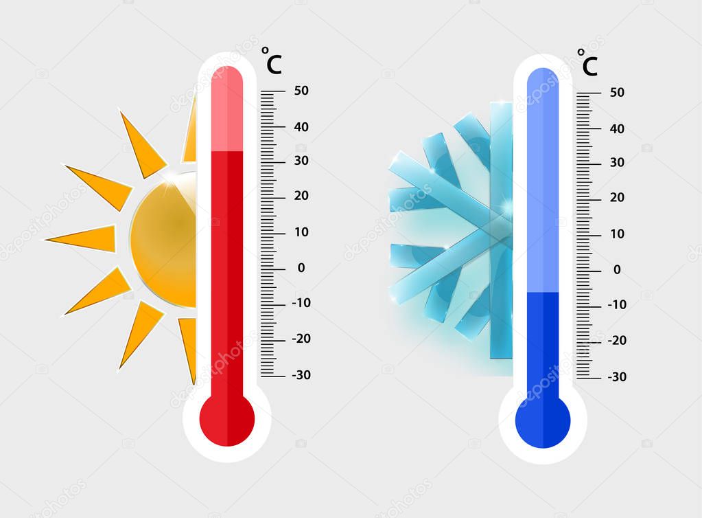 Celsius meteorology thermometers measuring. heat and cold, vector illustration. Thermometer equipment showing hot or cold weather
