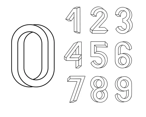 Omöjligt form teckensnitt. Memphis stil bokstäver. Färgade siffror i stil av 80-talet. Uppsättning vektor nummer konstrueras på grundval av isometrisk vy. — Stock vektor
