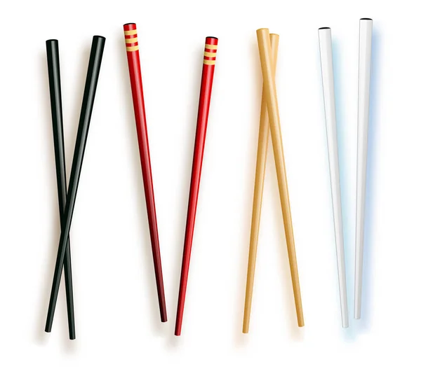 Realista 3d comida pauzinhos definir diferentes tipos. Ilustração vetorial do tradicional asiático bambu utensílios cor Chopstick — Vetor de Stock