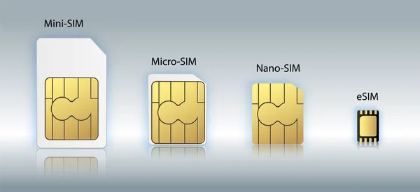 Esim katıştırılmış SIM kart simgesi simgesi kavramı. Yeni çip telefon hücresel iletişim teknolojisi. SIM-kart çip ile mobil cihazlar için ayarlayın. vektör çizim