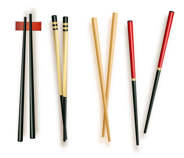 Realistische 3d Food stokjes verschillende typen instellen. Vectorillustratie van traditionele Aziatische bamboe gebruiksvoorwerpen kleur Chopstick — Stockvector