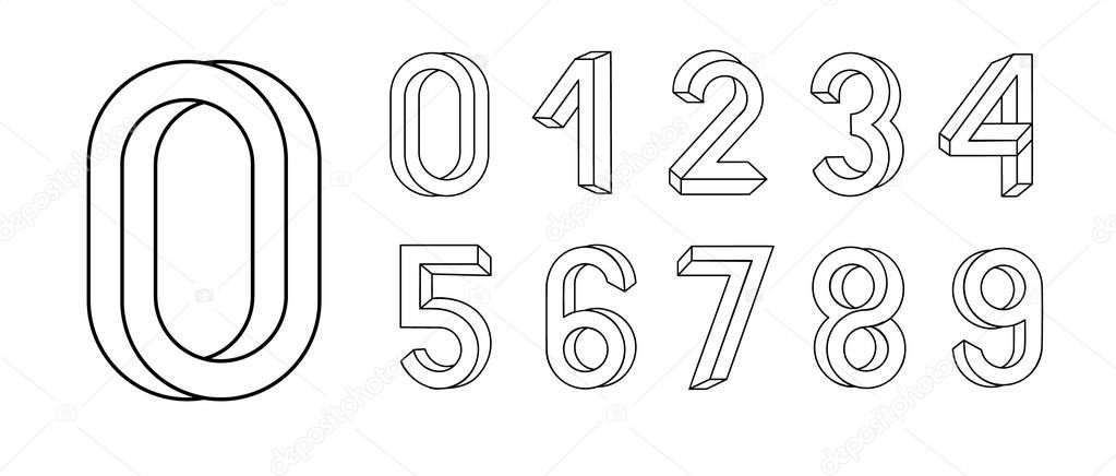 Impossible shape font. Memphis style letters. Colored numbers in the style of the 80s. Set of vector numbers constructed on the basis of the isometric view.