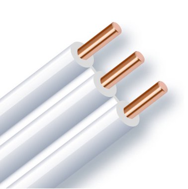 Beyaz arka plan üzerinde izole esnek üç telli elektrik bakır kablo. Çift renk yalıtım ile bakır çok damarlı kablo. Kesit Close-up. Güç Tel. Vektör çizim