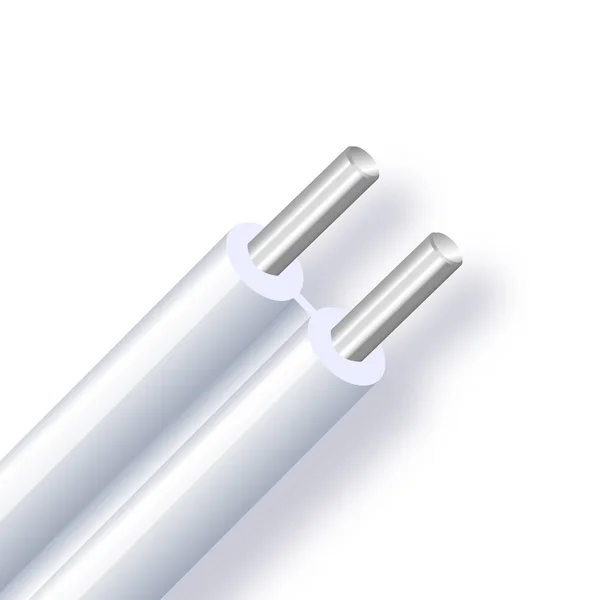 Cabo de alumínio elétrico flexível de dois fios isolado em fundo branco. Cabo multicore de cobre com isolamento de cor dupla. Secção de grande plano. Fio eléctrico. Ilustração vetorial — Vetor de Stock