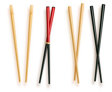Gerçekçi 3d gıda Chopsticks farklı türleri ayarlayın. Geleneksel Asya bambu mutfak eşyaları renkli çubuk vektör çizim