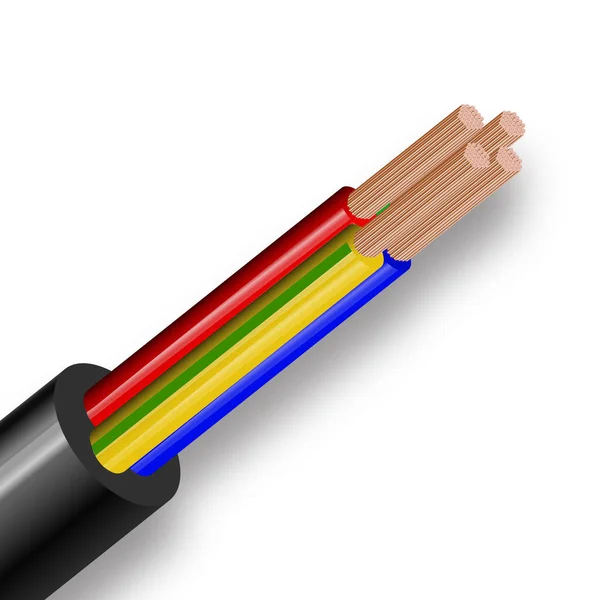 Cable eléctrico flexible de tres hilos aislado sobre fondo blanco. Cable multicore de cobre en aislamiento de color. Primer plano de la sección transversal . — Vector de stock